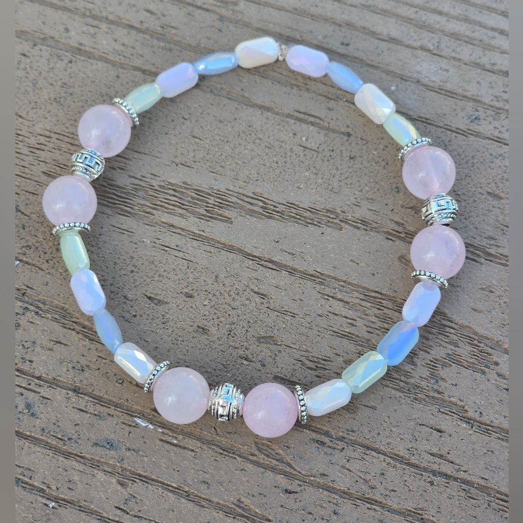 Rose Quartz With Silver Toned Accents And Pastel Glass Bead Bracelet